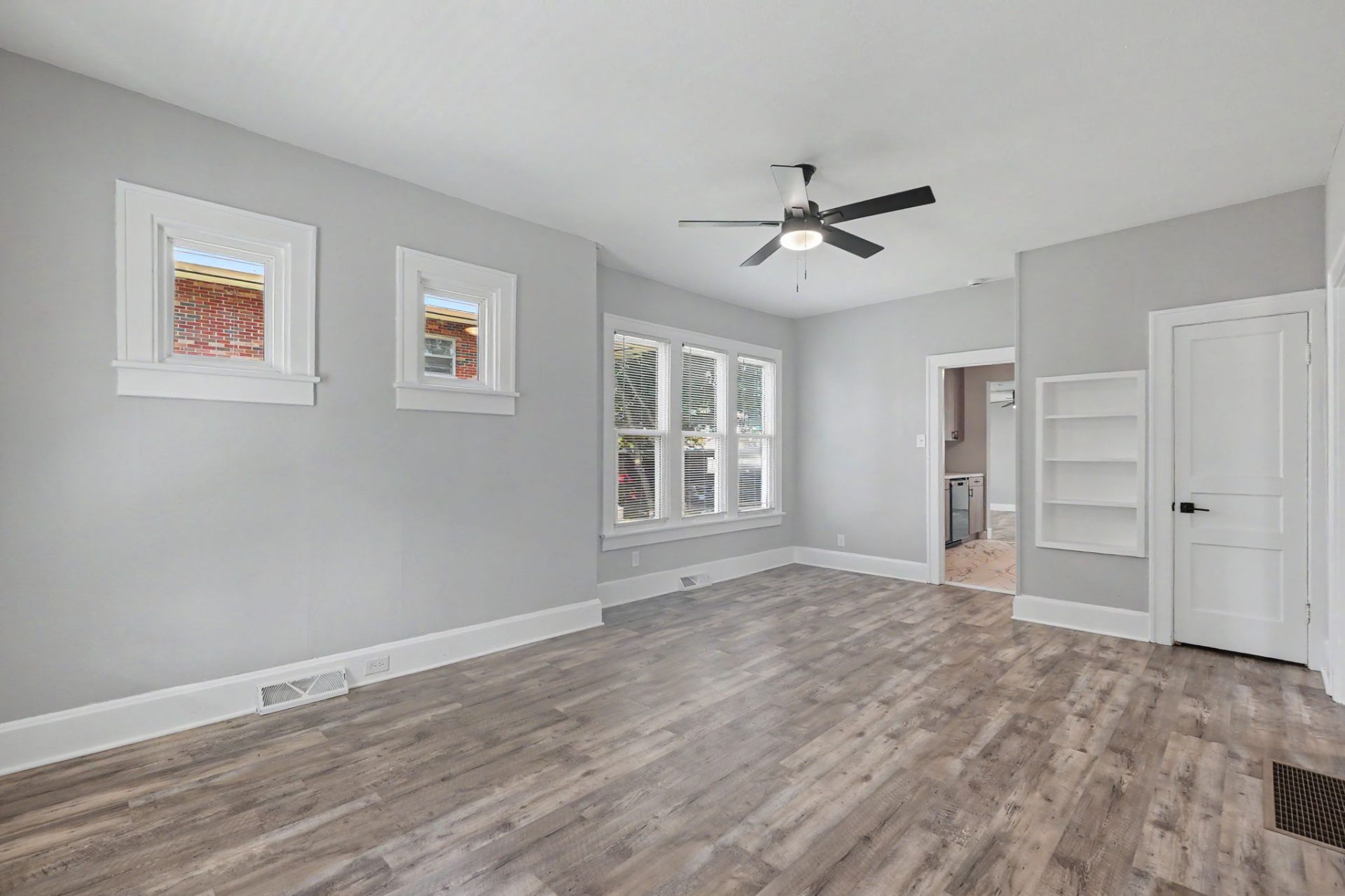 Belleville home, living room with built ins and natural light