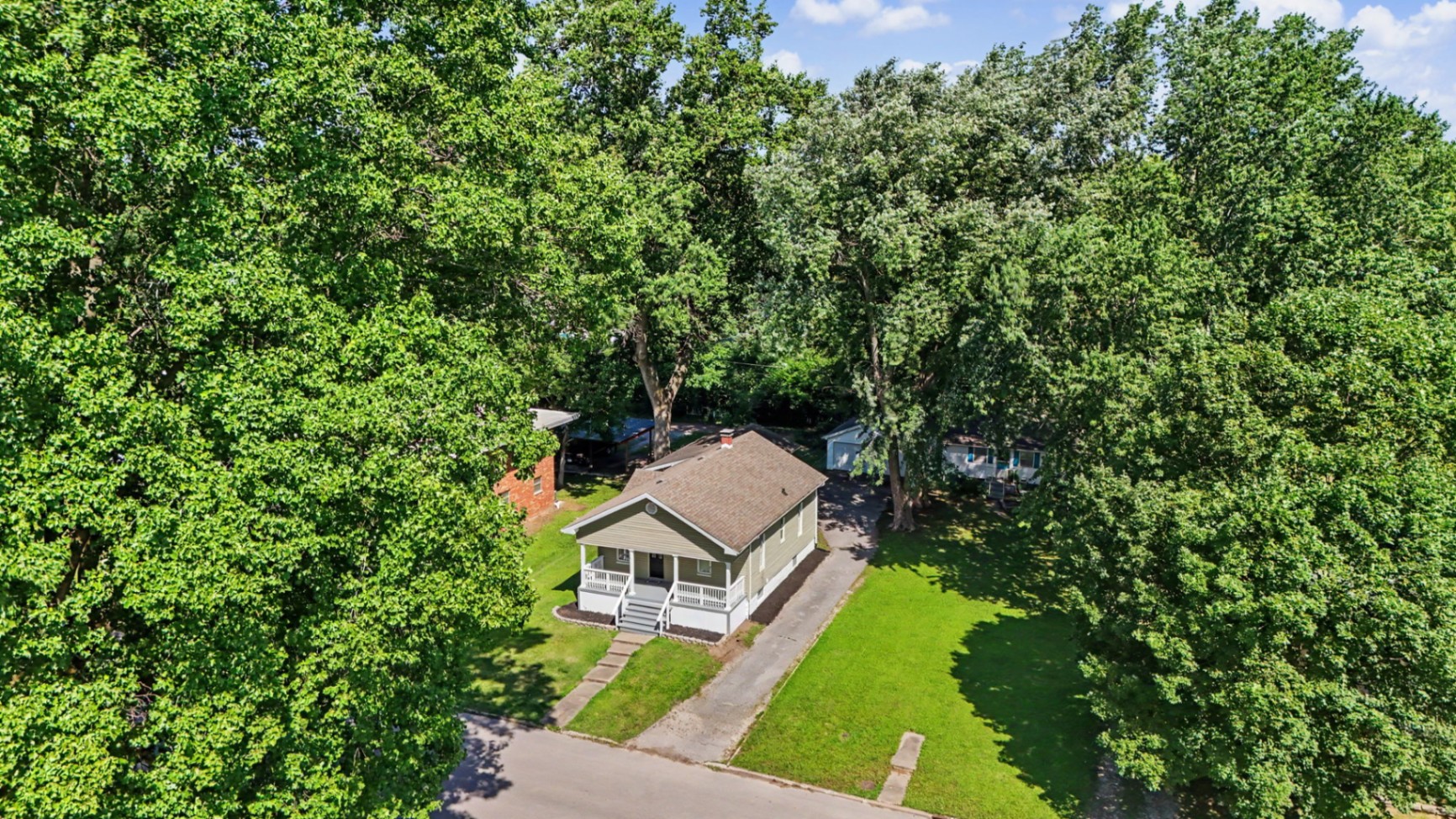 Belleville home, aerial view framed by mature trees