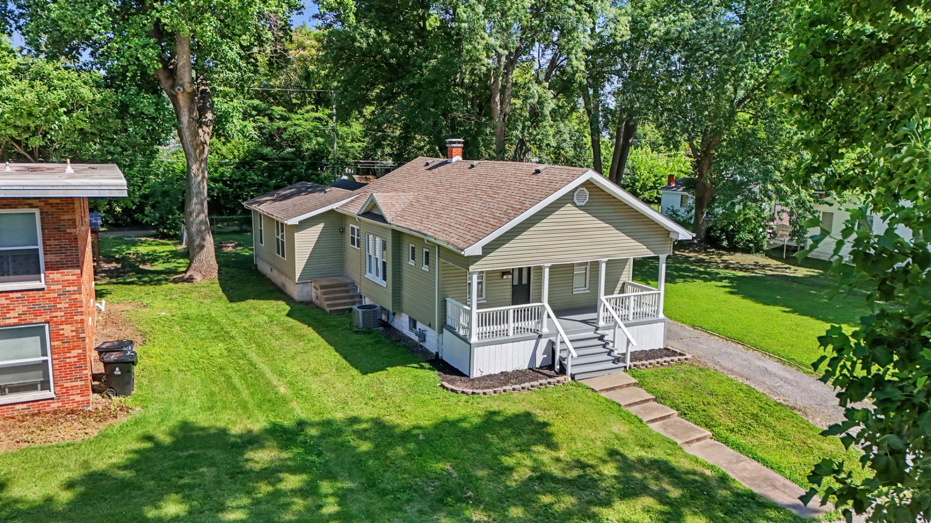 Belleville home, aerial view of front and side yard